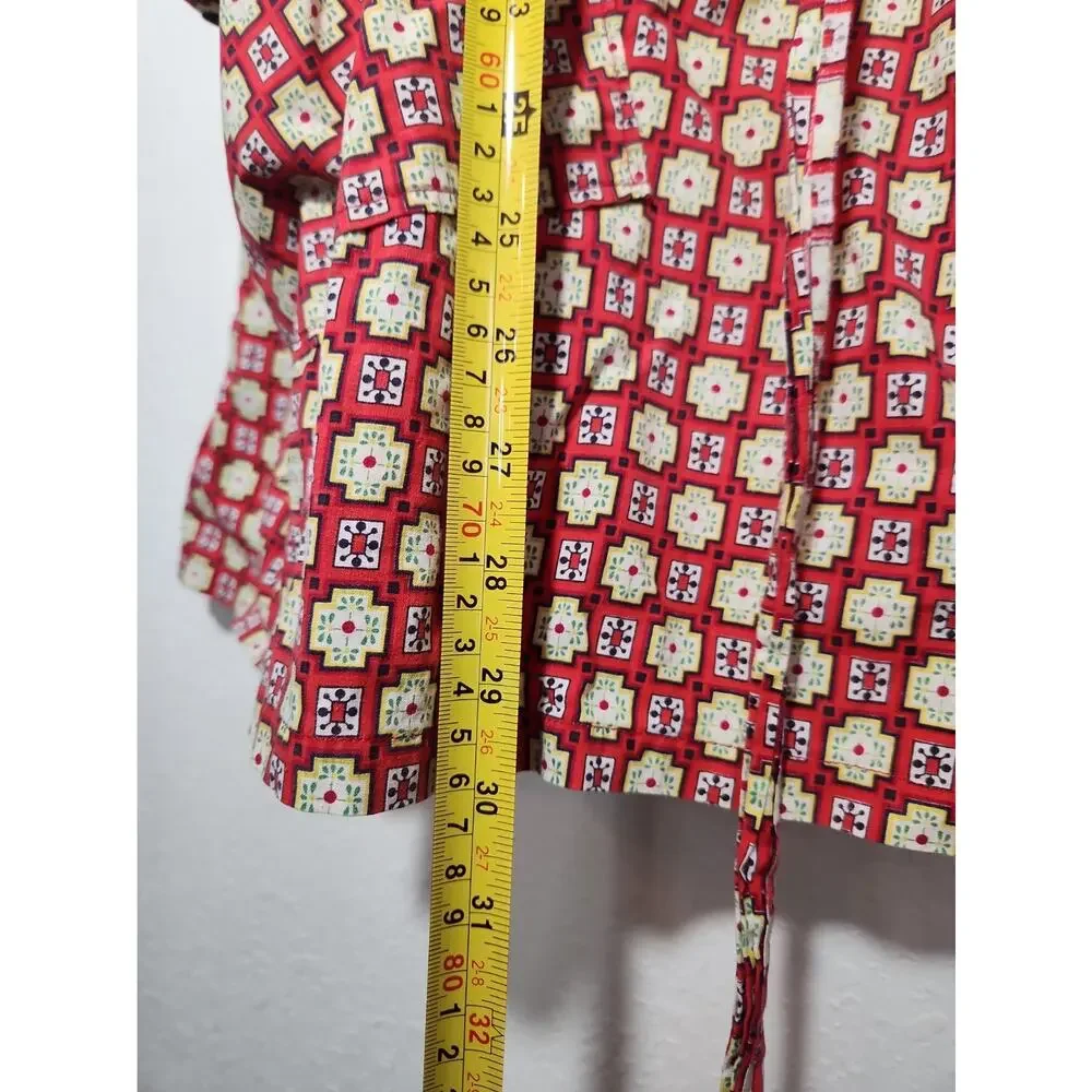Vintage Handmade Womens Full Apron Red Geometric Print Black Ric Rac Pockets